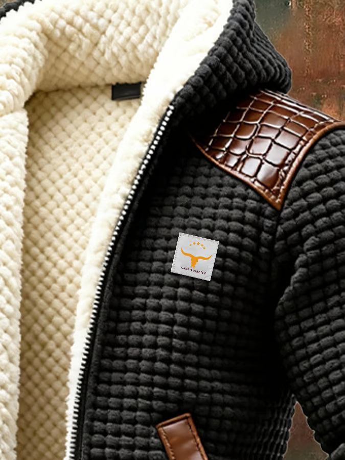 Men's Retro Knitted Checkered Textured Leather Patchwork