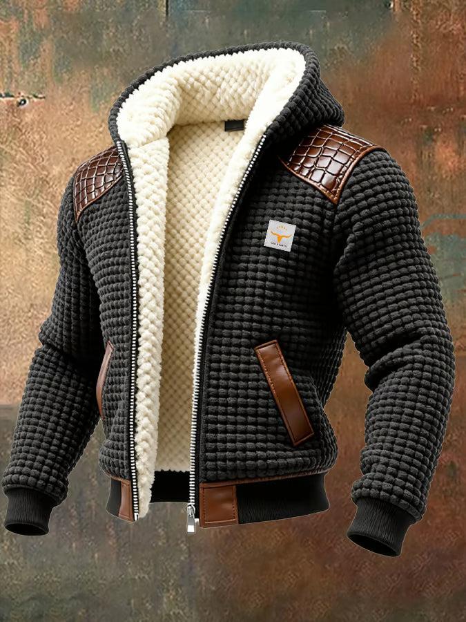 Men's Retro Knitted Checkered Textured Leather Patchwork