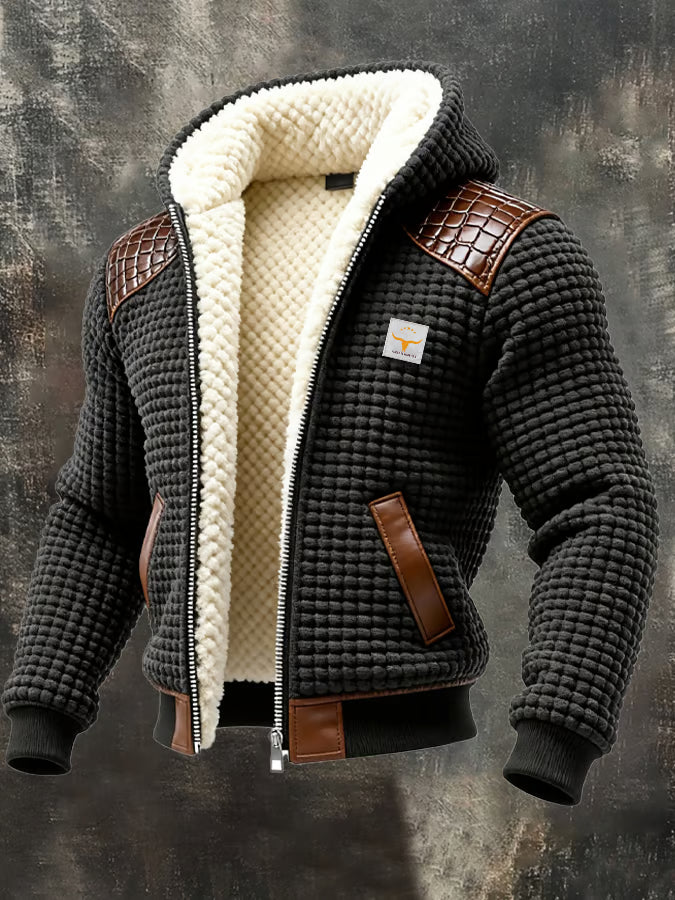 Men's Retro Knitted Checkered Textured Leather Patchwork